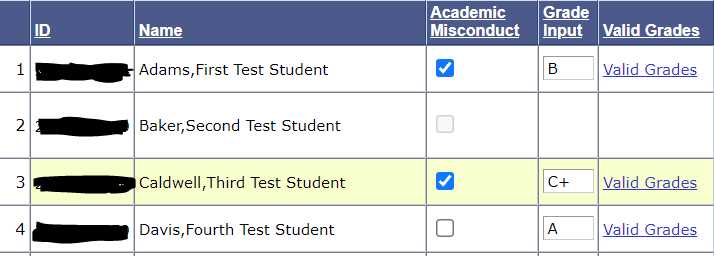 Academic Misconduct roster view example